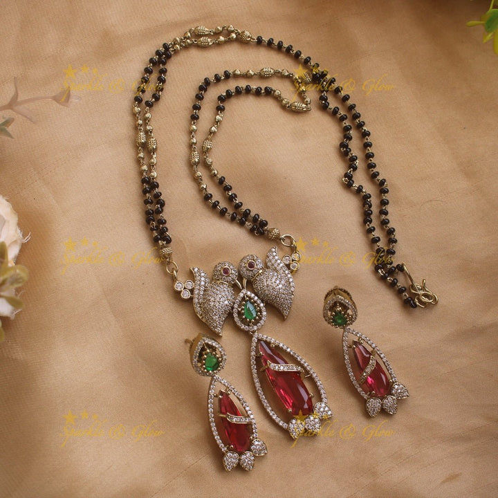 Elegant Parrot design oval stone pendant black beads necklace, mangalsutra - mint green - Sparkle and Glow - Mintgreen - Back Thread