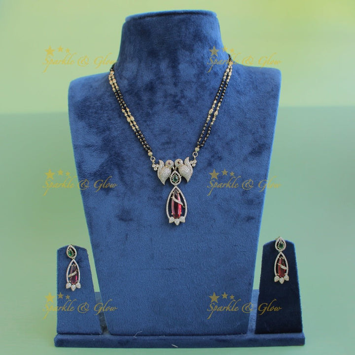 Elegant Parrot design oval stone pendant black beads necklace, mangalsutra - mint green - Sparkle and Glow - White - Back Thread