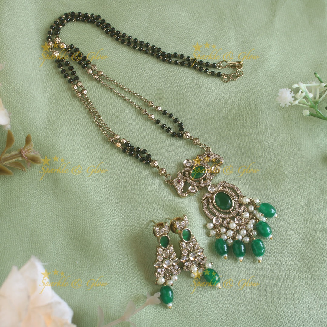 Stunning Elephant floral design pendant black beads necklace, mangalsutra with stone and baby pink beads
