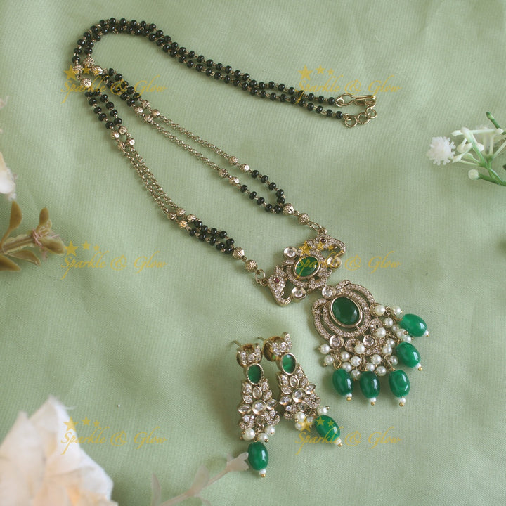 Stunning Elephant floral design pendant black beads necklace, mangalsutra with stone and baby pink beads