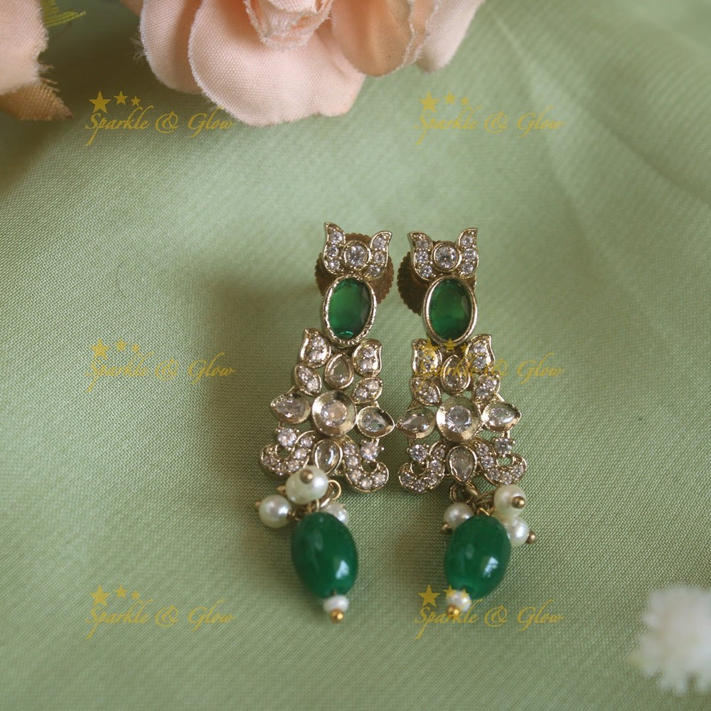 Stunning Elephant floral design pendant black beads necklace, mangalsutra with stone and green beads - Sparkle and Glow - Back Thread - 