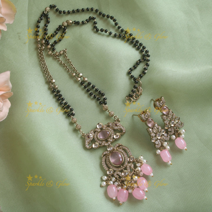 Stunning Elephant floral design pendant black beads necklace, mangalsutra with stone and baby pink beads