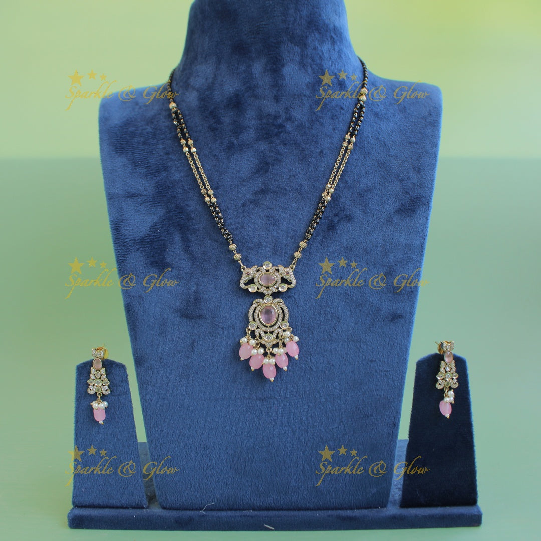 Stunning Elephant floral design pendant black beads necklace, mangalsutra with stone and baby pink beads