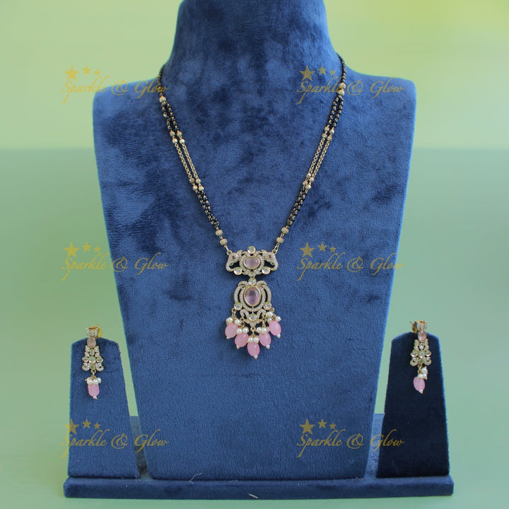 Stunning Elephant floral design pendant black beads necklace, mangalsutra with stone and baby pink beads