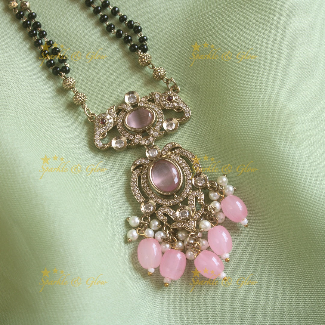 Stunning Elephant floral design pendant black beads necklace, mangalsutra with stone and baby pink beads