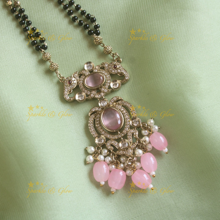 Stunning Elephant floral design pendant black beads necklace, mangalsutra with stone and baby pink beads