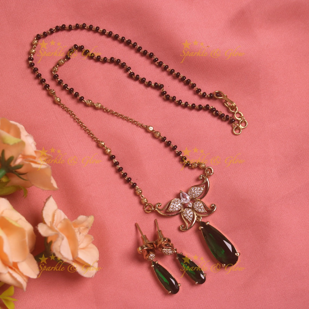 Stunning Floral leaf design oval stone pendant black beads necklace, mangalsutra - green