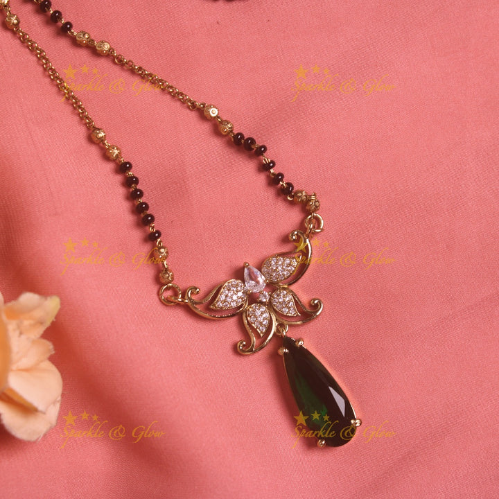 Stunning Floral leaf design oval stone pendant black beads necklace, mangalsutra - green