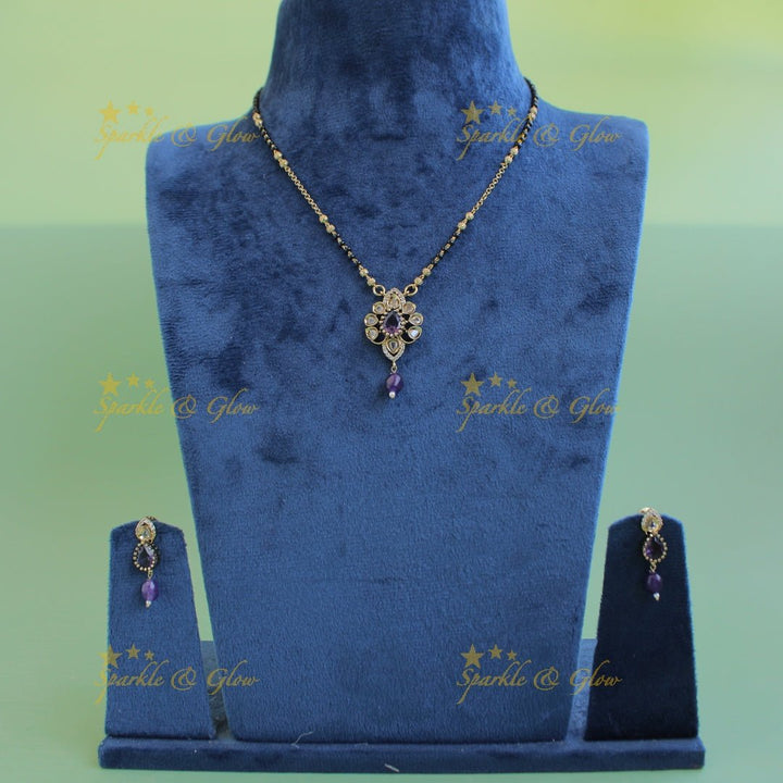 Beautiful Floral design pendant black beads necklace, mangalsutra with purple beads and stones - Sparkle and Glow - Back Thread - 