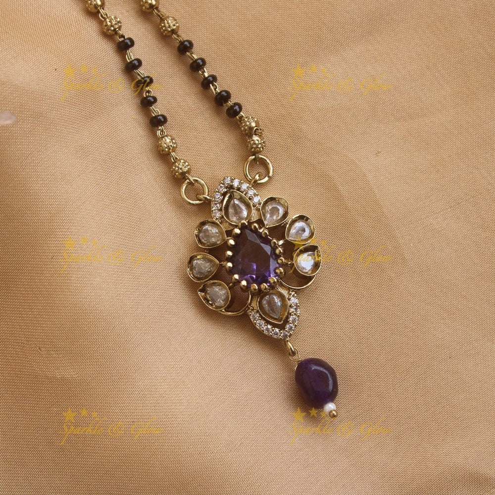 Beautiful Floral design pendant black beads necklace, mangalsutra with purple beads and stones - Sparkle and Glow - Back Thread - 