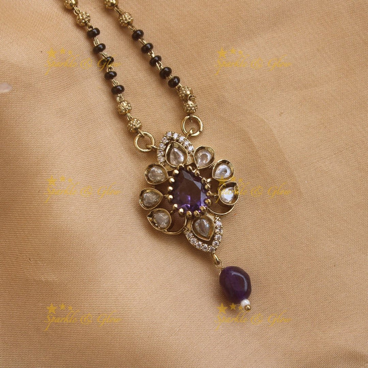 Beautiful Floral design pendant black beads necklace, mangalsutra with purple beads and stones - Sparkle and Glow - Back Thread - 