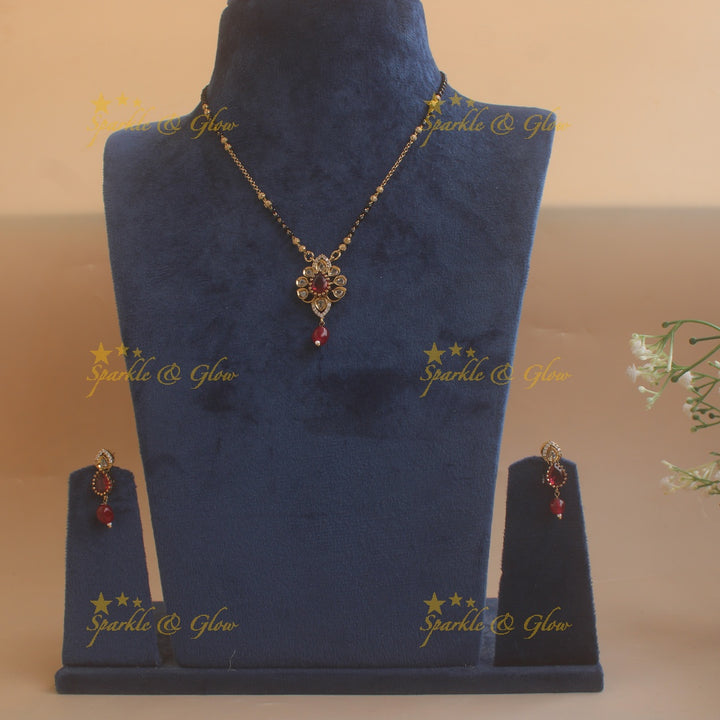 Beautiful Floral design pendant black beads necklace, mangalsutra with maroon beads and stones