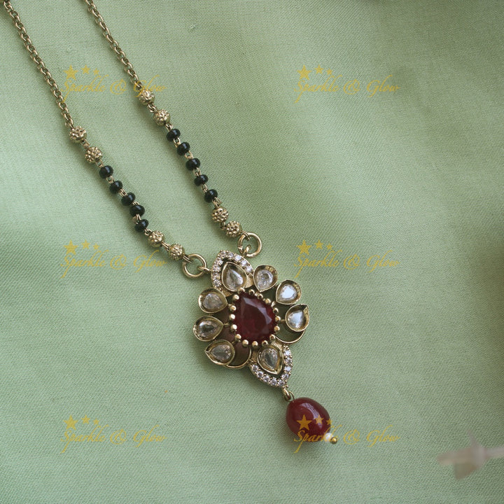 Beautiful Floral design pendant black beads necklace, mangalsutra with maroon beads and stones