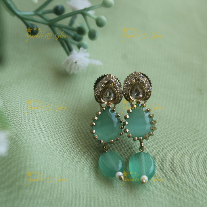 Beautiful Floral design pendant black beads necklace, mangalsutra with mint green beads and stones