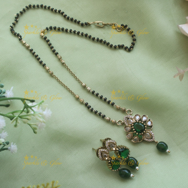 Beautiful Floral design pendant black beads necklace, mangalsutra with mint green beads and stones