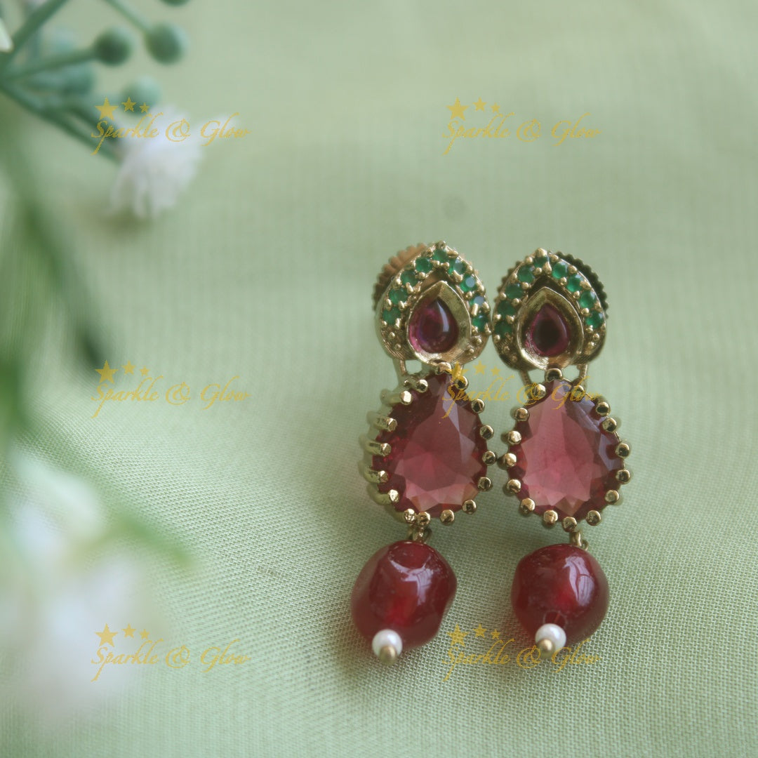 Beautiful Floral design pendant black beads necklace, mangalsutra with Maroon green stones and beads