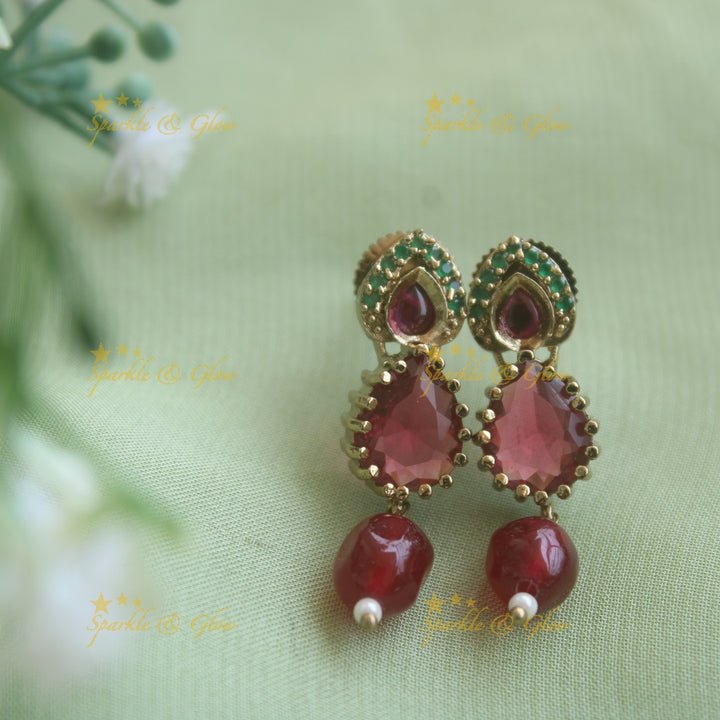 Beautiful Floral design pendant black beads necklace, mangalsutra with Maroon green stones and beads