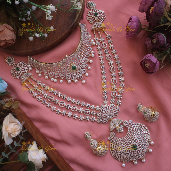 Grand Floral layer haram and choker American diamond necklace set with mint green stone and pearl drops - Sparkle and Glow - Pink - Back Thread