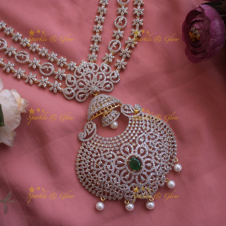 Grand Floral layer haram and choker American diamond necklace set with mint green stone and pearl drops - Sparkle and Glow - Green - Back Thread