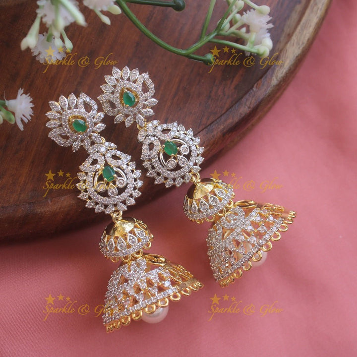 Grand Floral layer haram and choker American diamond necklace set with mint green stone and pearl drops - Sparkle and Glow - Pink - Back Thread