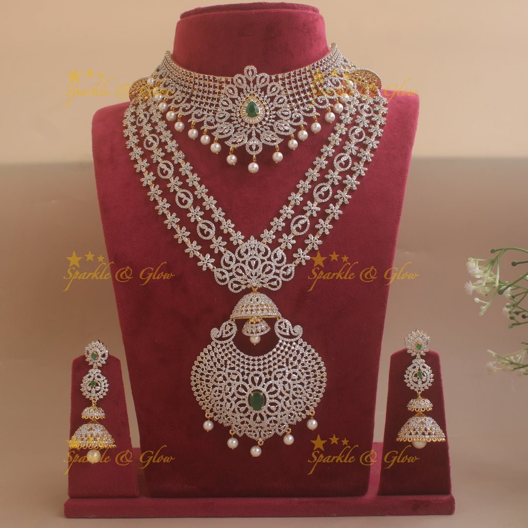 Grand Floral layer haram and choker American diamond necklace set with mint green stone and pearl drops - Sparkle and Glow - Mint green - Back Thread