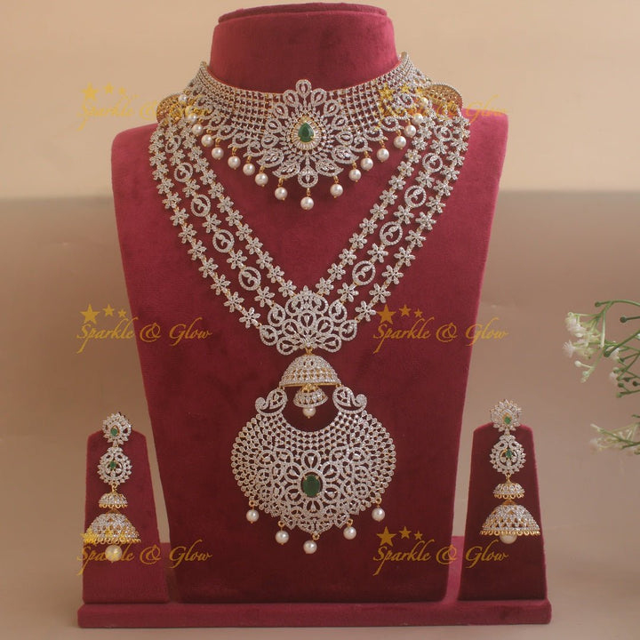 Grand Floral layer haram and choker American diamond necklace set with mint green stone and pearl drops - Sparkle and Glow - Mint green - Back Thread