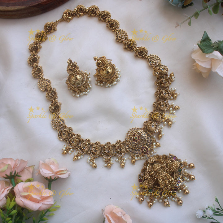 Statement Lakshmi peacock carved long necklace with ruby emerald CZ stones pearls and gold beads