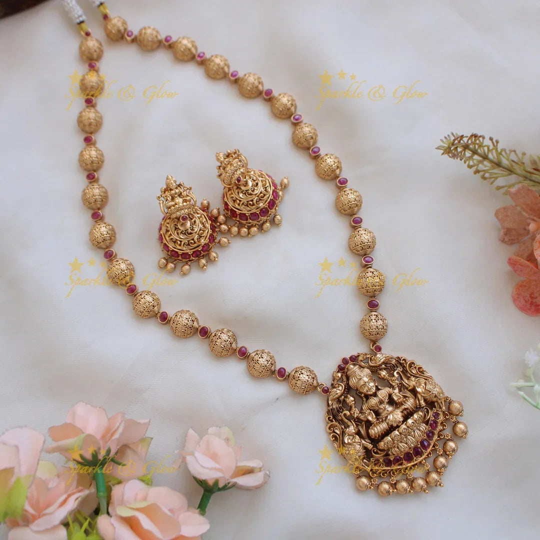 Elegant Premium Matt Lakshmi elephant carved pendant gold beads haram with ruby and emeralds - red green - Sparkle and Glow