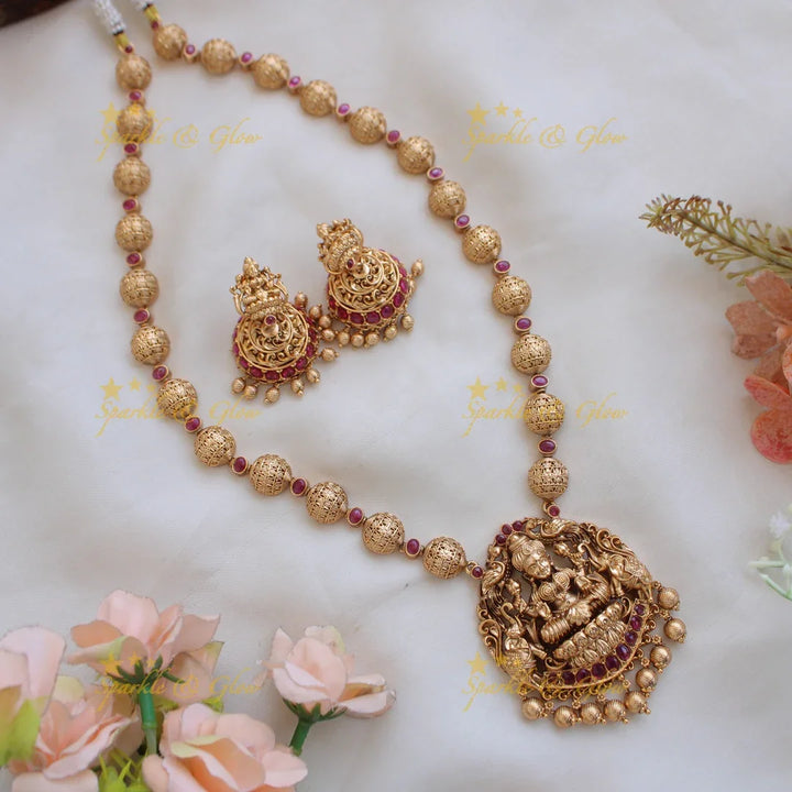 Elegant Premium Matt Lakshmi elephant carved pendant gold beads haram with ruby and emeralds - red green - Sparkle and Glow