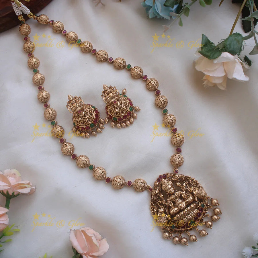 Elegant Premium Matt Lakshmi elephant carved pendant gold beads haram with ruby and emeralds - red green - Sparkle and Glow