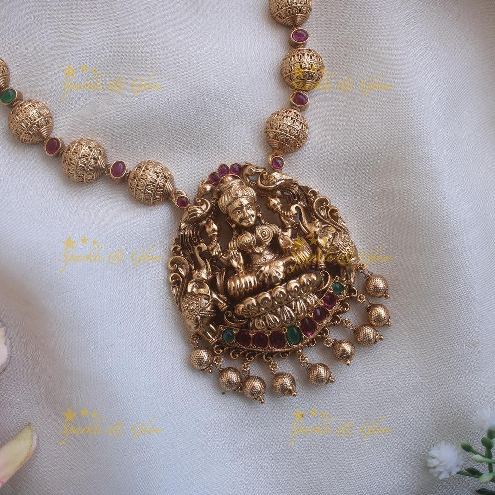Elegant Premium Matt Lakshmi elephant carved pendant gold beads haram with ruby and emeralds - red green - Sparkle and Glow