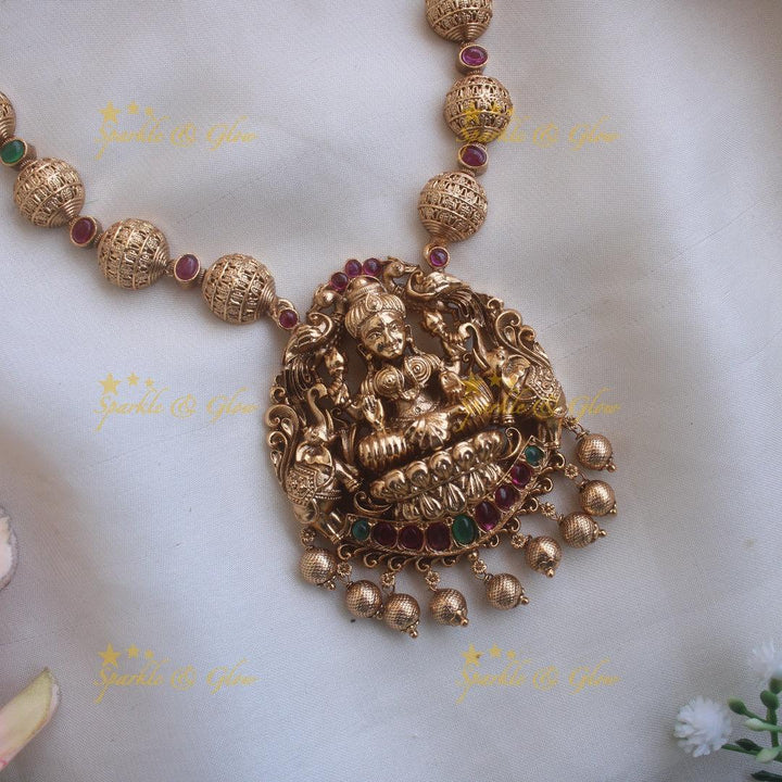 Elegant Premium Matt Lakshmi elephant carved pendant gold beads haram with ruby and emeralds - red green - Sparkle and Glow