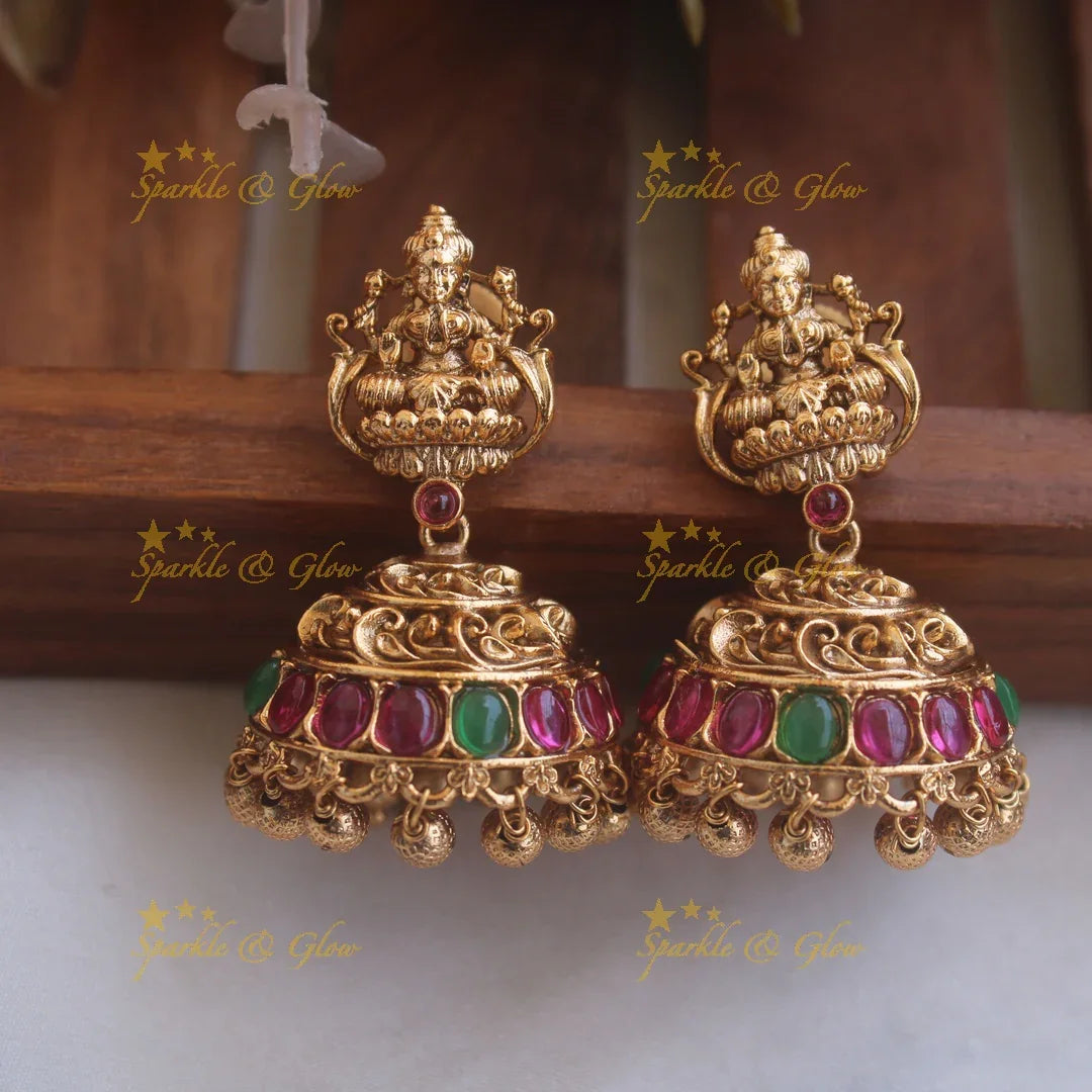 Elegant Premium Matt Lakshmi elephant carved pendant gold beads haram with ruby and emeralds - red green - Sparkle and Glow