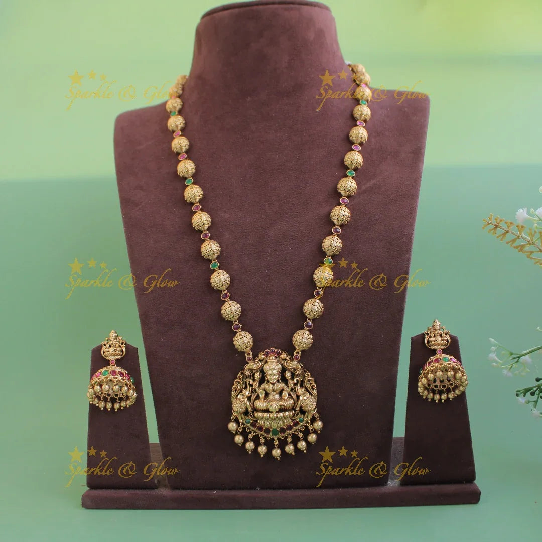 Elegant Premium Matt Lakshmi elephant carved pendant gold beads haram with ruby and emeralds - red green - Sparkle and Glow