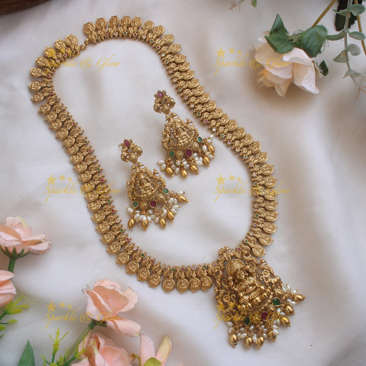 Stunning Premium Matt Lakshmi peacock coin haram with ruby emerald gold beads and rice pearls