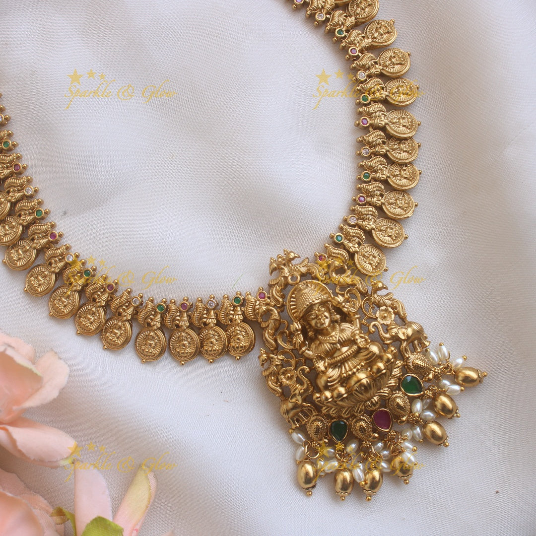 Stunning Premium Matt Lakshmi peacock coin haram with ruby emerald gold beads and rice pearls