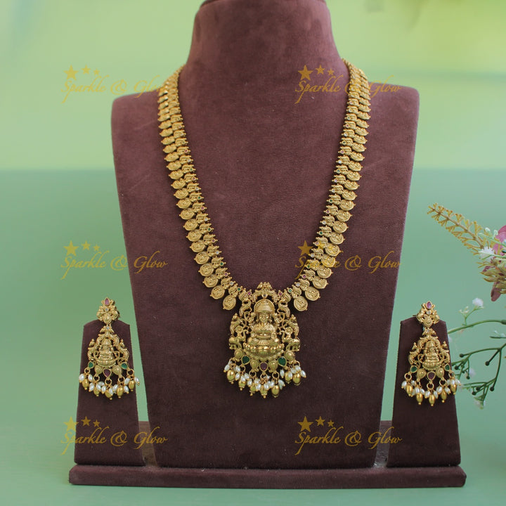 Stunning Premium Matt Lakshmi peacock coin haram with ruby emerald gold beads and rice pearls