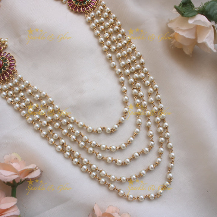 Gorgeous Floral design multi layer pearl haram with ruby and emerald stones