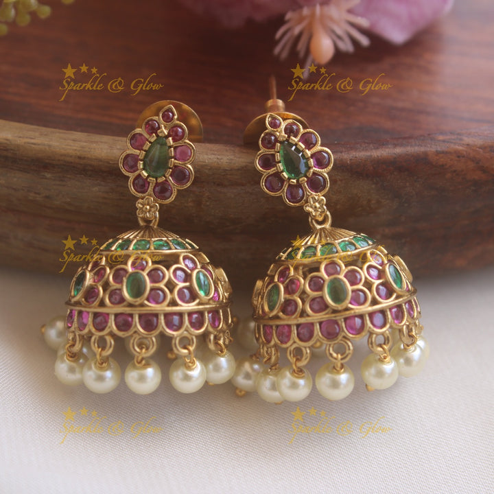 Gorgeous Floral design multi layer pearl haram with ruby and emerald stones