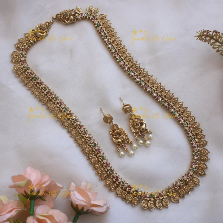 Elegant Premium Matt Lakshmi peacock coin haram with ruby emerald and white stones - multi - Sparkle and Glow