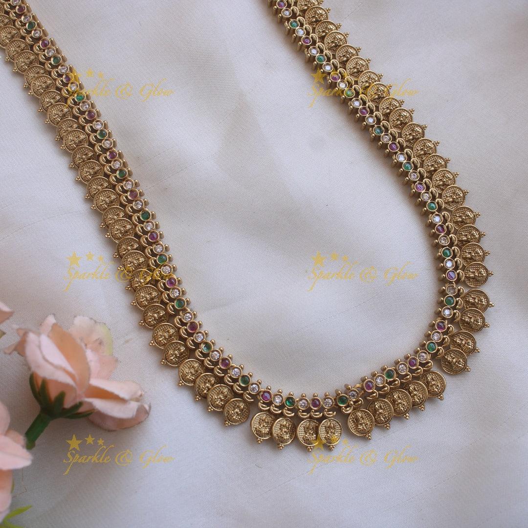 Elegant Premium Matt Lakshmi peacock coin haram with ruby emerald and white stones - multi - Sparkle and Glow