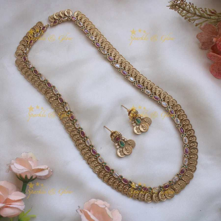 Beautiful Premium Matt Lakshmi coin haram with ruby and white oval stones - Sparkle and Glow
