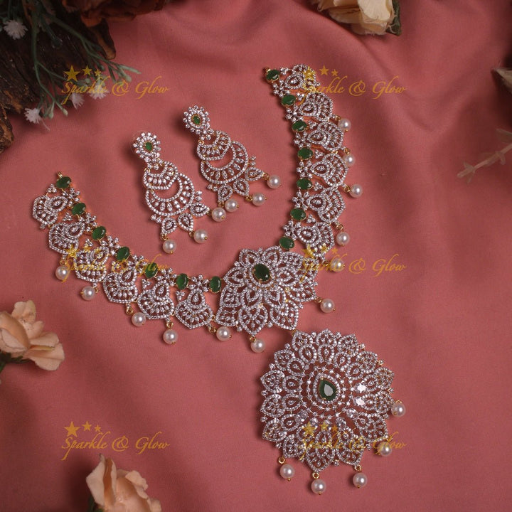Sparkling Floral American diamond short necklace with pink stones and pearl drops - Sparkle and Glow - Green - Back Thread