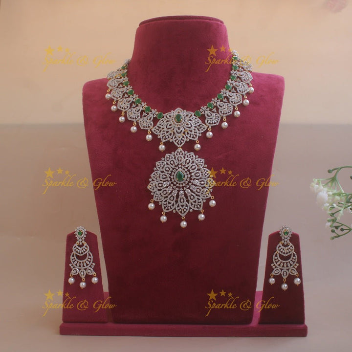 Sparkling Floral American diamond short necklace with pink stones and pearl drops - Sparkle and Glow - Pink - Back Thread