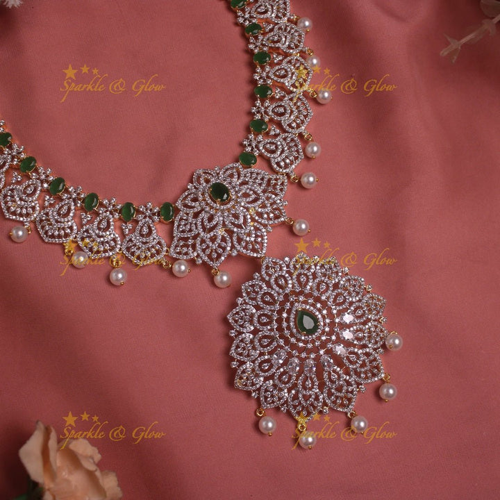 Sparkling Floral American diamond short necklace with pink stones and pearl drops - Sparkle and Glow - Green - Back Thread