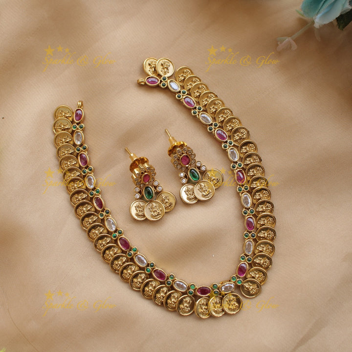 Elegant Premium Matt Lakshmi coin short necklace with ruby and white oval stones