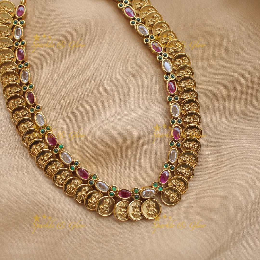 Elegant Premium Matt Lakshmi coin short necklace with ruby and white oval stones