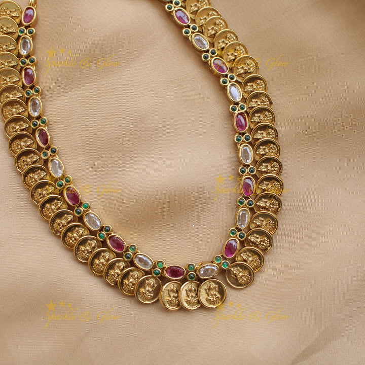 Elegant Premium Matt Lakshmi coin short necklace with ruby and white oval stones