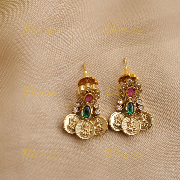 Elegant Premium Matt Lakshmi coin short necklace with ruby and white oval stones