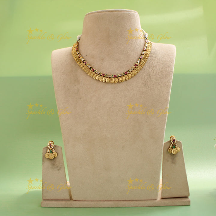 Elegant Premium Matt Lakshmi coin short necklace with ruby and white oval stones